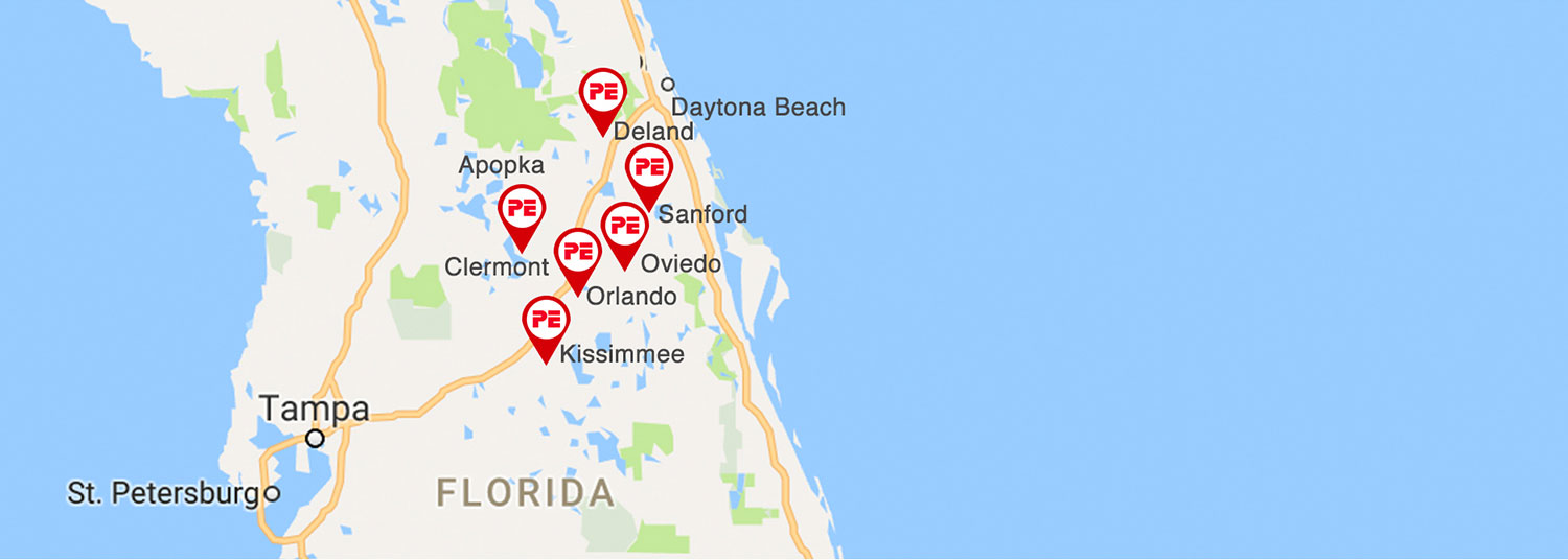 Map of Central Florida, pinpointing to Orlando, Daytona Beach, Deland, Sanford, Oviedo, Kissimmee, Clermont, Apopka