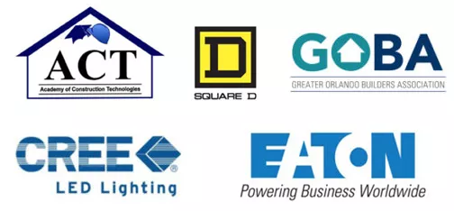 Logos of ACT Academy of Construction Technologies, SQUARE D, GOBA greater Orlando Builders Association, CREE Led Lighting, EATON Powering Business Worldwide, Orlando Residential New Construction